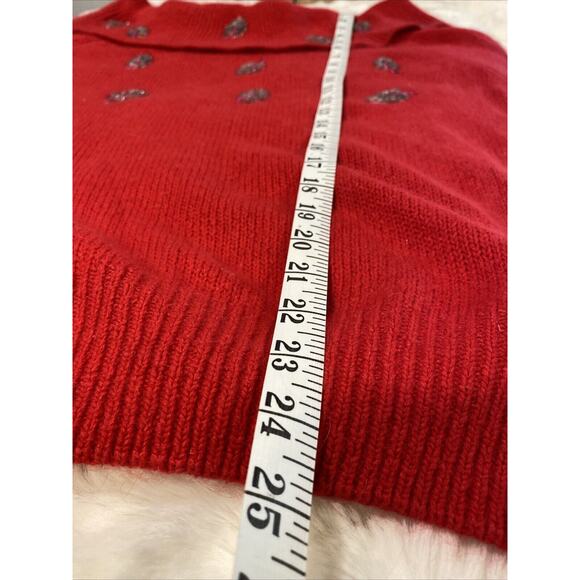 Vintage Soft Red Silk‎ Wool Angora Blend Beaded Leaves Off Shoulder Sweater Sz L - Picture 6 of 9